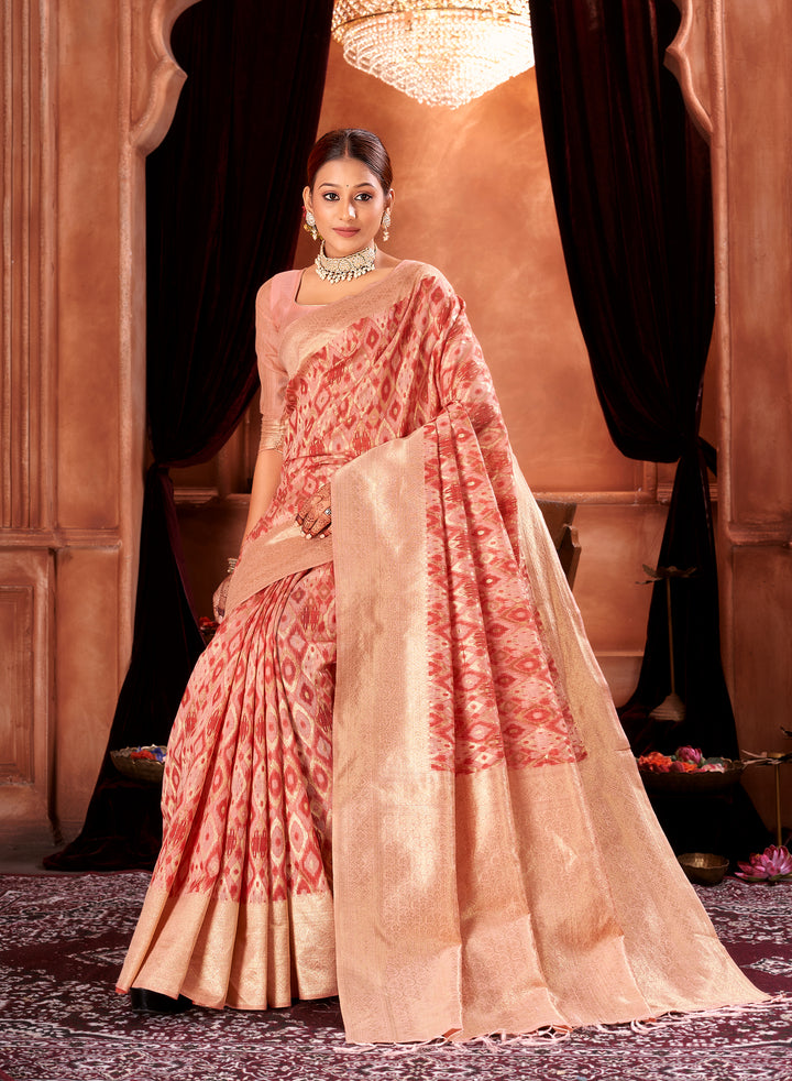 Red Peach Ikat Saree Weavekaari