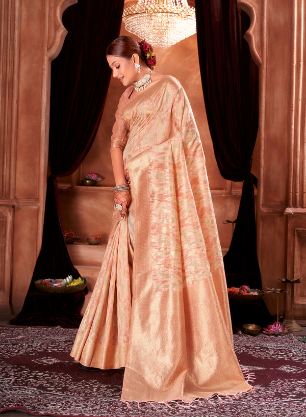 Candlelight Peach Ikat Saree Weavekaari