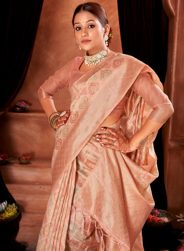 Candle Light Peach Ikat Saree Weavekaari