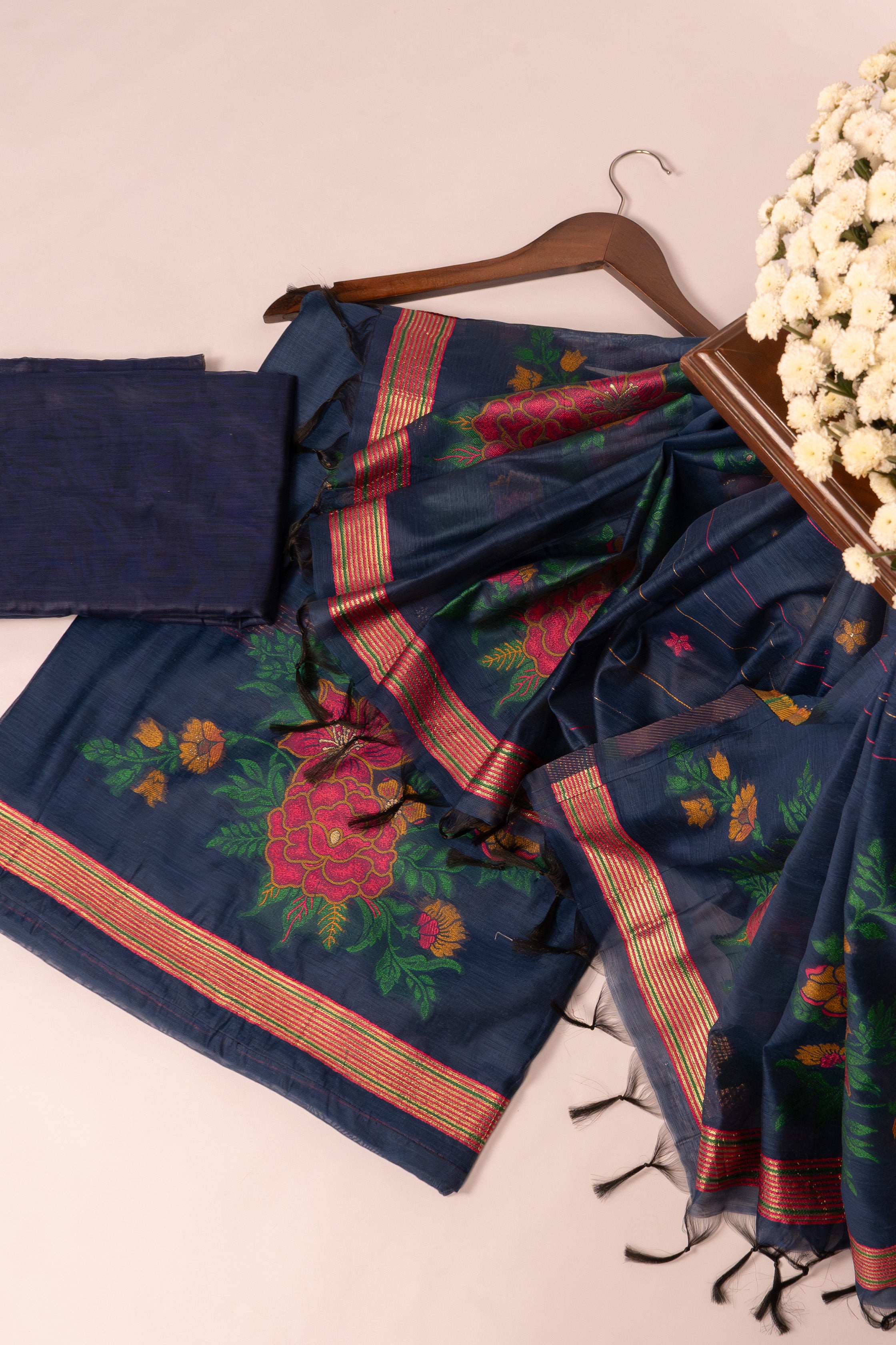 Blue Reverie Jamdani Mul Chanderi Suit Piece