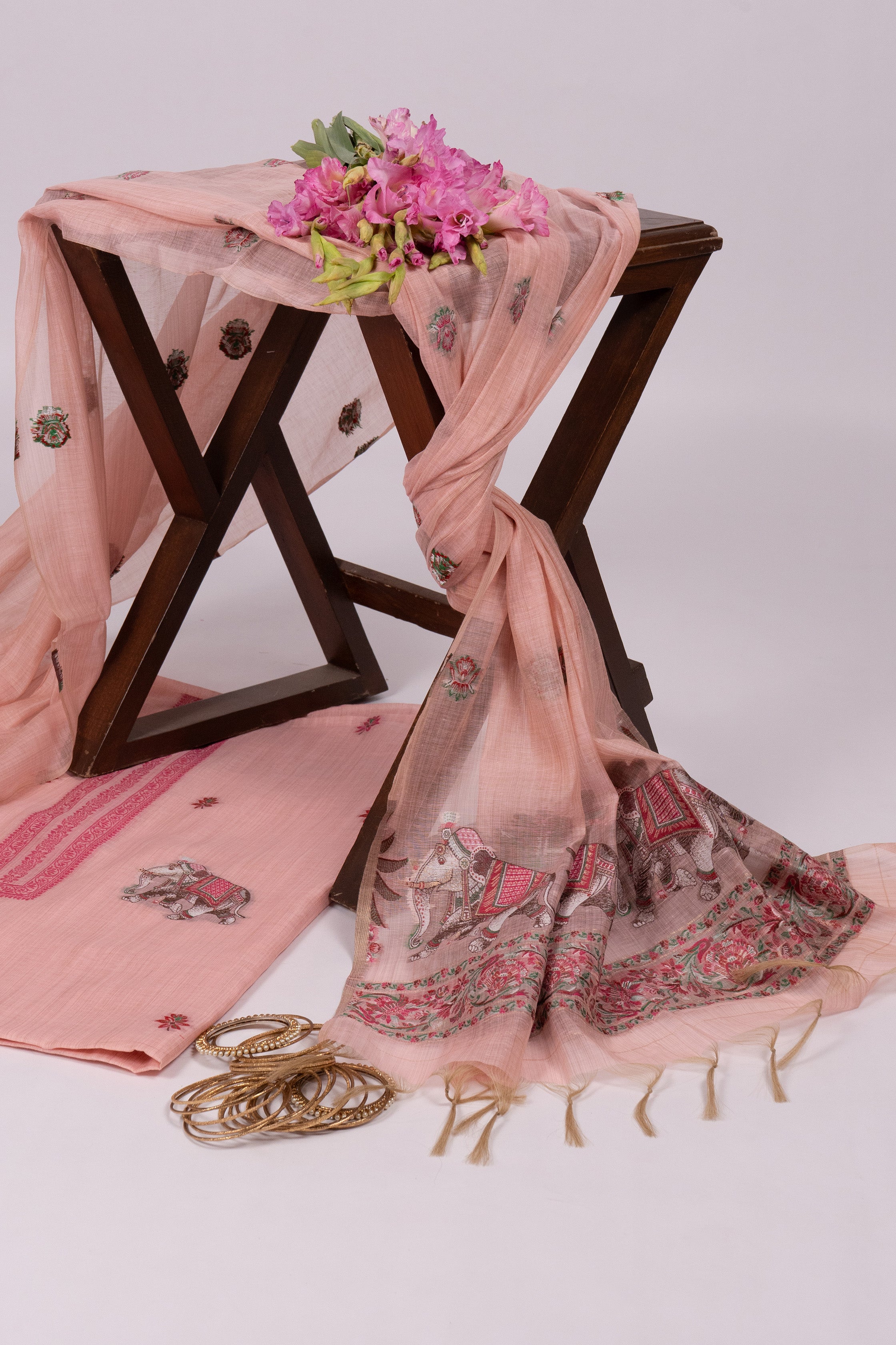 Blush Caravan Jamdani Pichwai Cotton Suit Piece