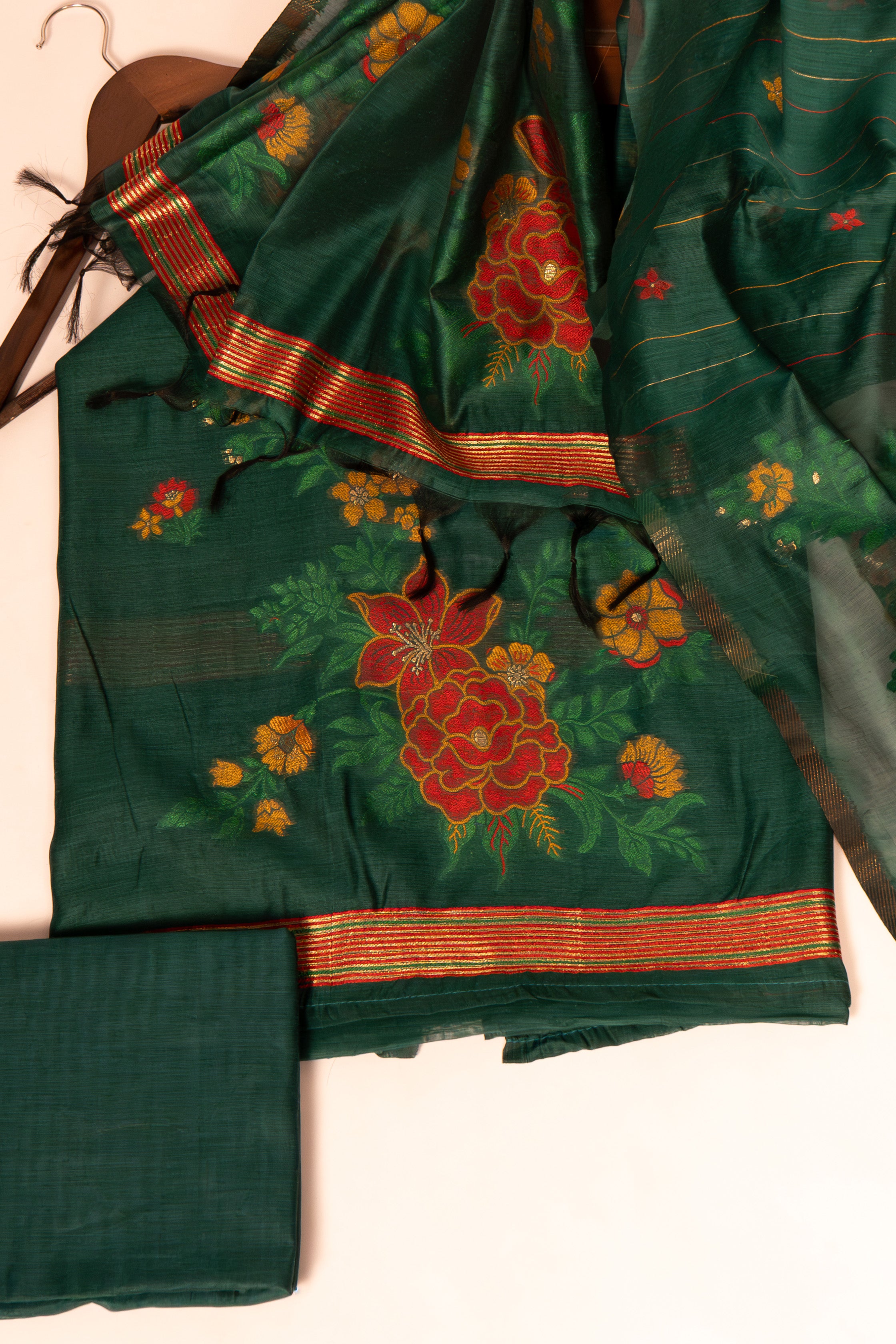 Verdant Tale Jamdani Mul Chanderi Suit Piece