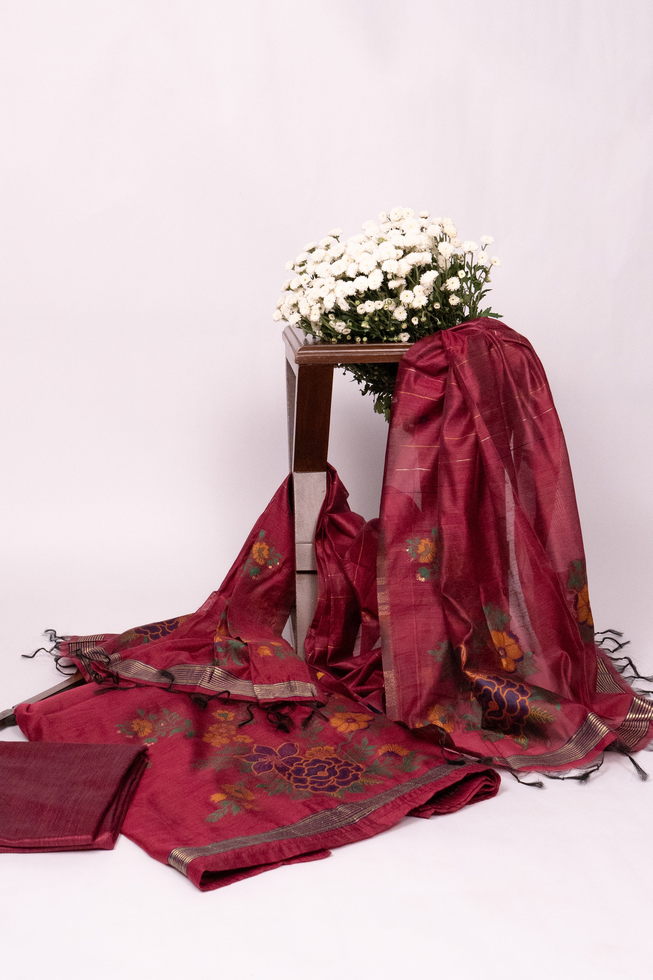 Rustle Rose Jamdani Mul Chanderi Suit Piece