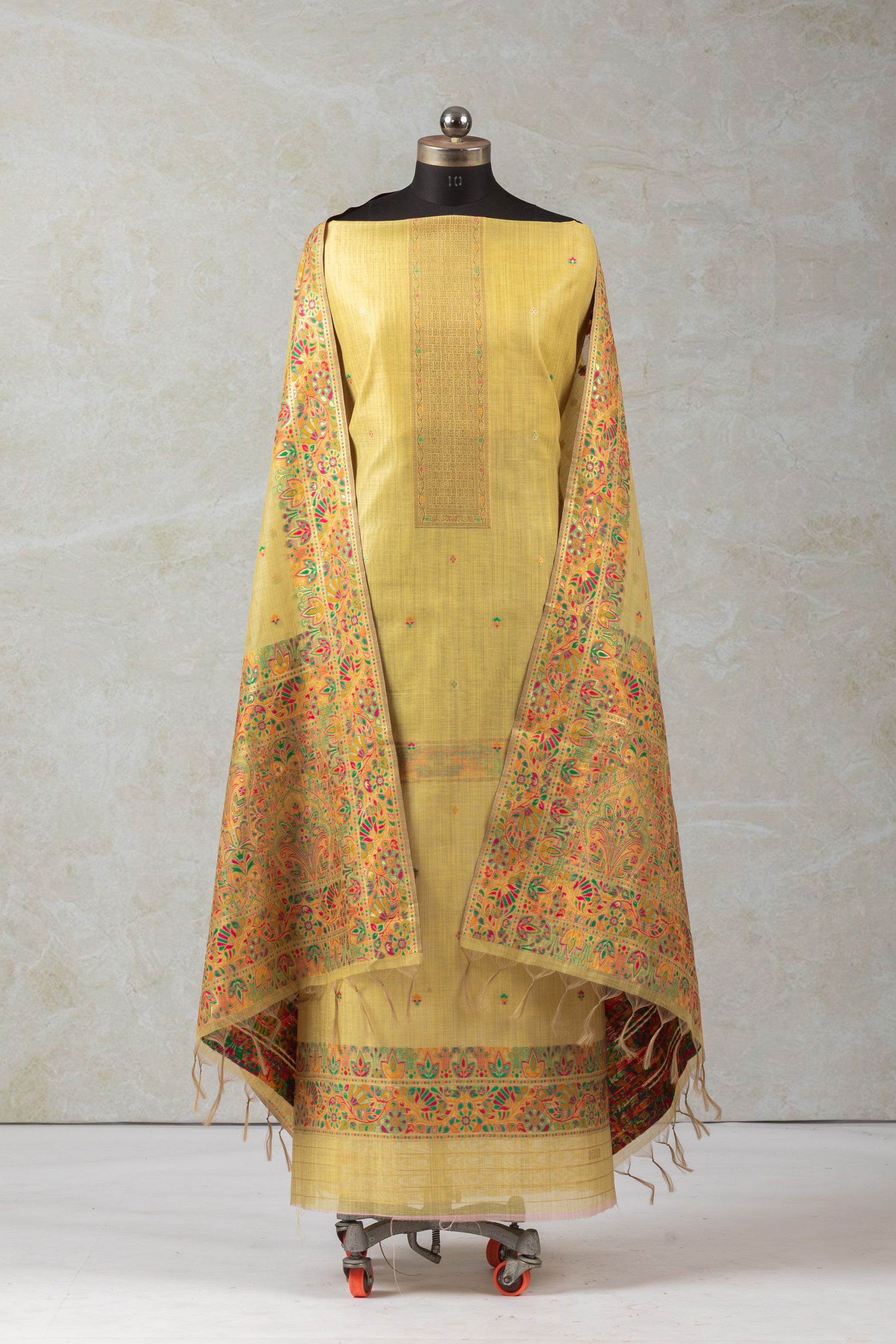 Marigold Pop Jamdani Kashmiri Cotton Suit Piece