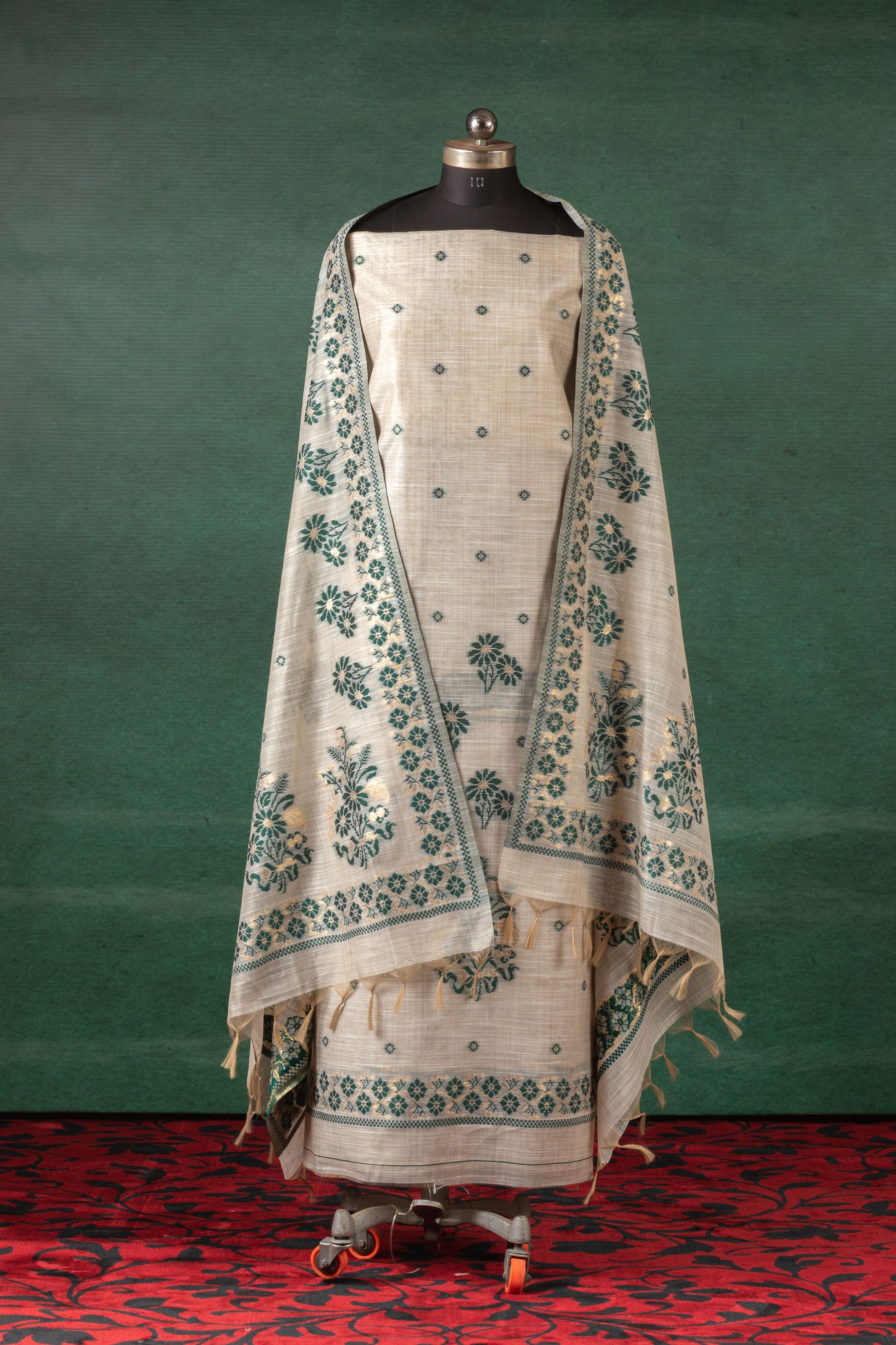 Teal Trails Jamdani Linen Cotton Suit Piece